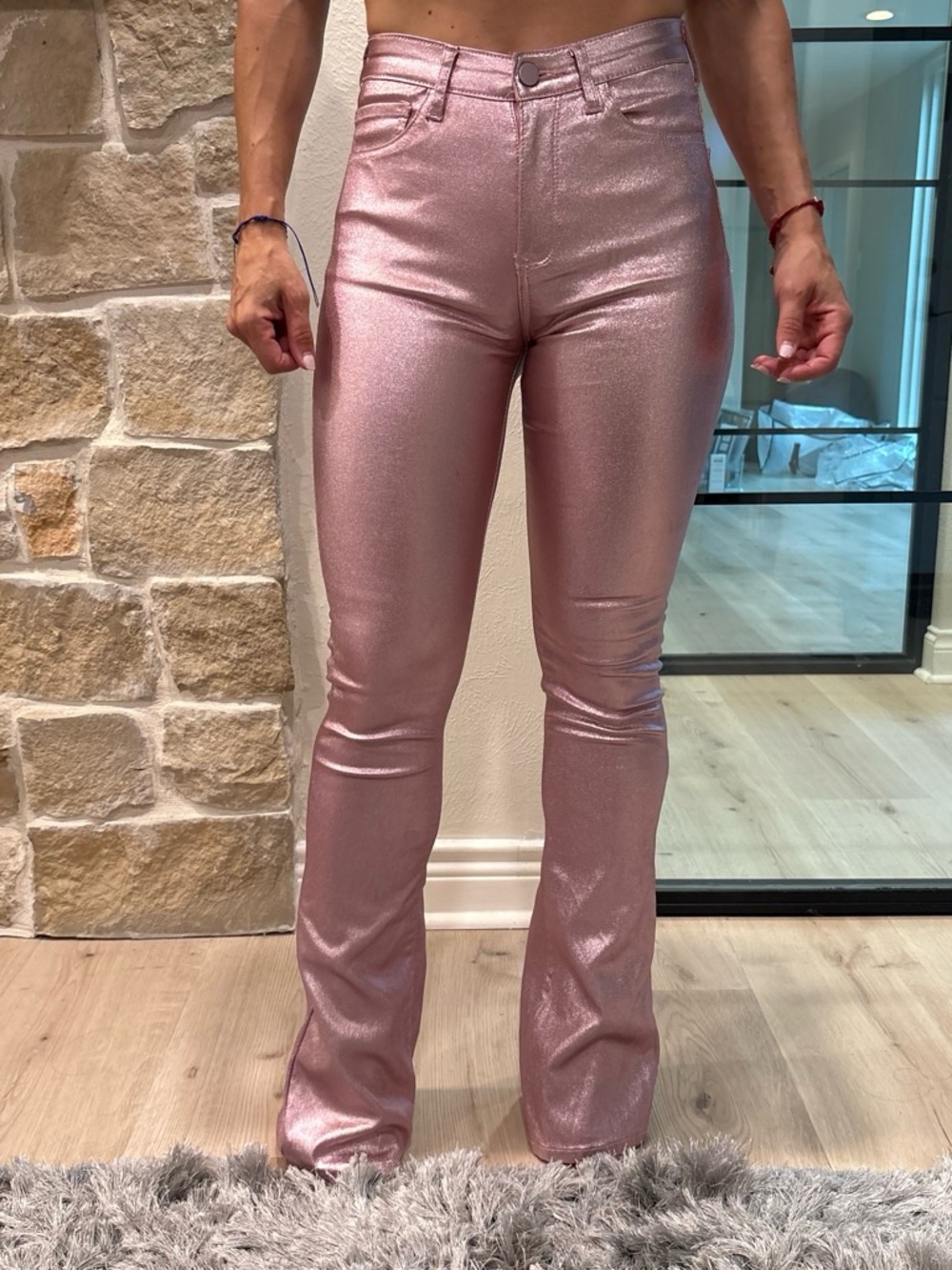 EDIKTED Metallic Pink High-Rise Flare Pants